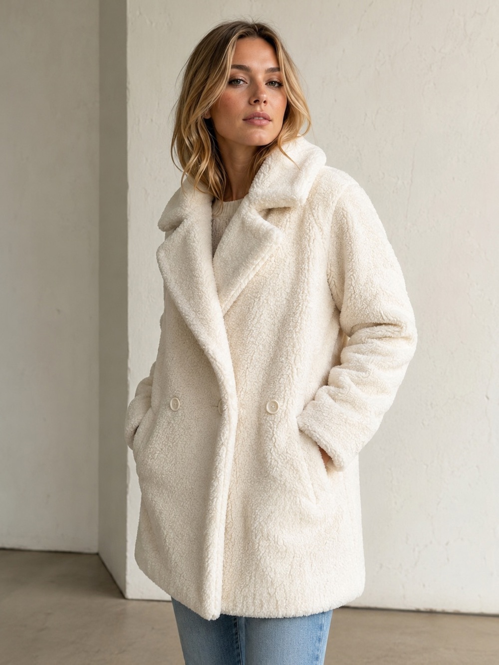 Women’s Cream Sherpa Coat - Cozy Faux Shearling Jacket